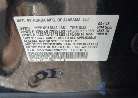 2019 Honda Pilot Ex-L из США, поврежденный, VIN 5FNYF6H43KB023112